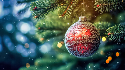 Obraz premium A Christmas tree with a gold ornament hanging from it.
