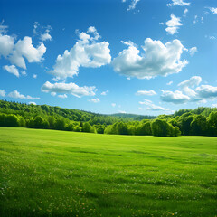 Obraz premium Serene Landscape with Lush Green Meadow and Distant Forest Under Clear Blue Sky