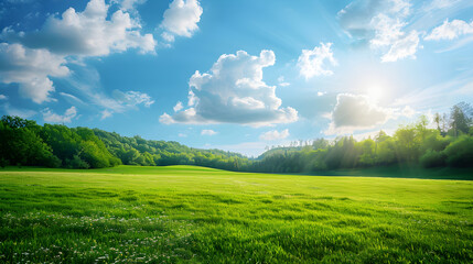 Obraz premium Serene Landscape with Lush Green Meadow and Distant Forest Under Clear Blue Sky