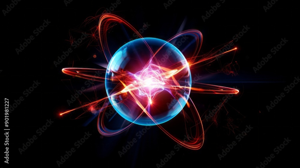 Poster a glowing sphere with red and blue swirls surrounding it
