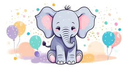 Cute baby elephant with balloons. Watercolor card for children's birthday, greeting card, party invitation.
