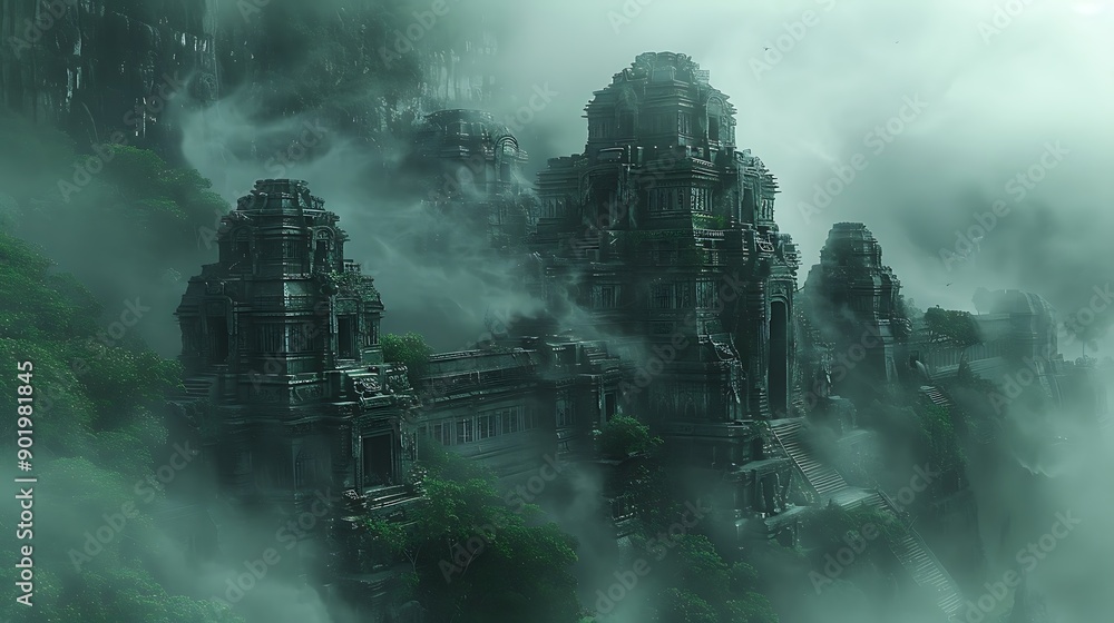 Sticker mysterious ancient temple hidden deep in the jungle shrouded in mist and clouds evoking a sense of a