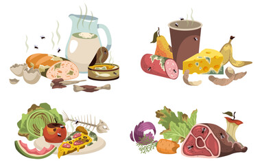 Rotten food scenes. Expired products compositions, moldy vegetables, fruits, meat and milk. Compost materials, decomposing organic matter, cartoon flat style isolated tidy vector set