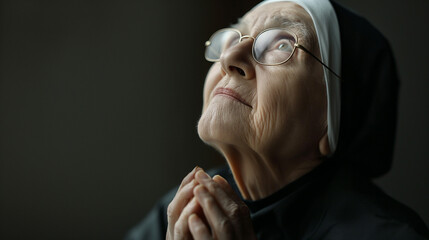 Serene Nun in Prayer - A peaceful nun looking up with folded hands and gentle smile under soft lighting