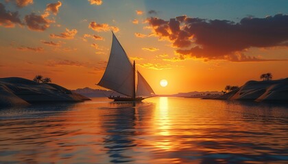 Image of a lonely ship on a river in the desert at sunset