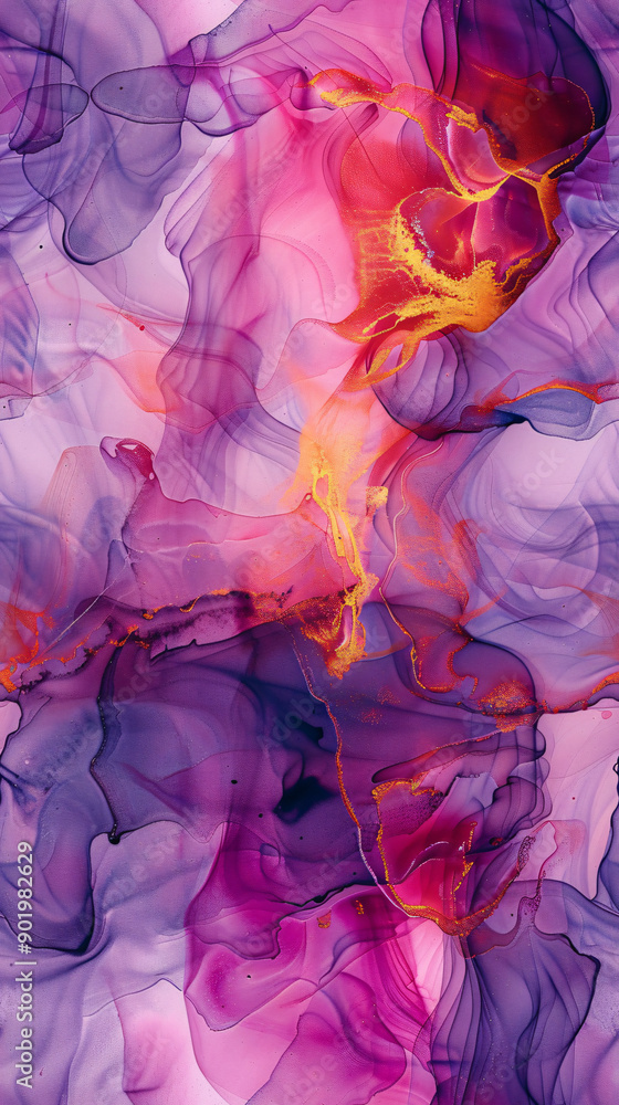 Poster purple and gold alcohol ink blending and flowing in abstract background