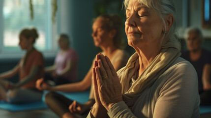 Serene Yoga Classes for Retirees in High Resolution Shot by Canon 5 R | Photorealistic Lighting, 8K Super Resolution Photography
