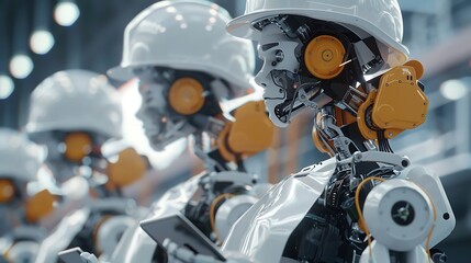 Fototapeta premium Advanced Construction Site Managed by Robots Wearing Helmets and Using Tablets for Detailed Building Progress Monitoring and Efficiency