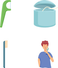 Vector illustrations set of dental floss, toothpaste, toothbrush, and a happy person brushing teeth