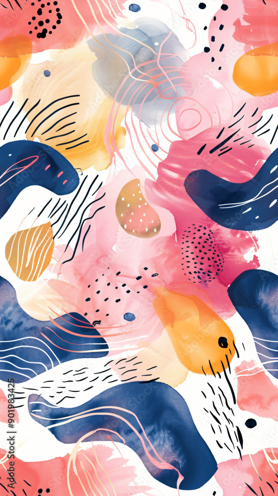 Poster modern and vibrant abstract seamless pattern featuring a playful mix of watercolor shapes, lines, an