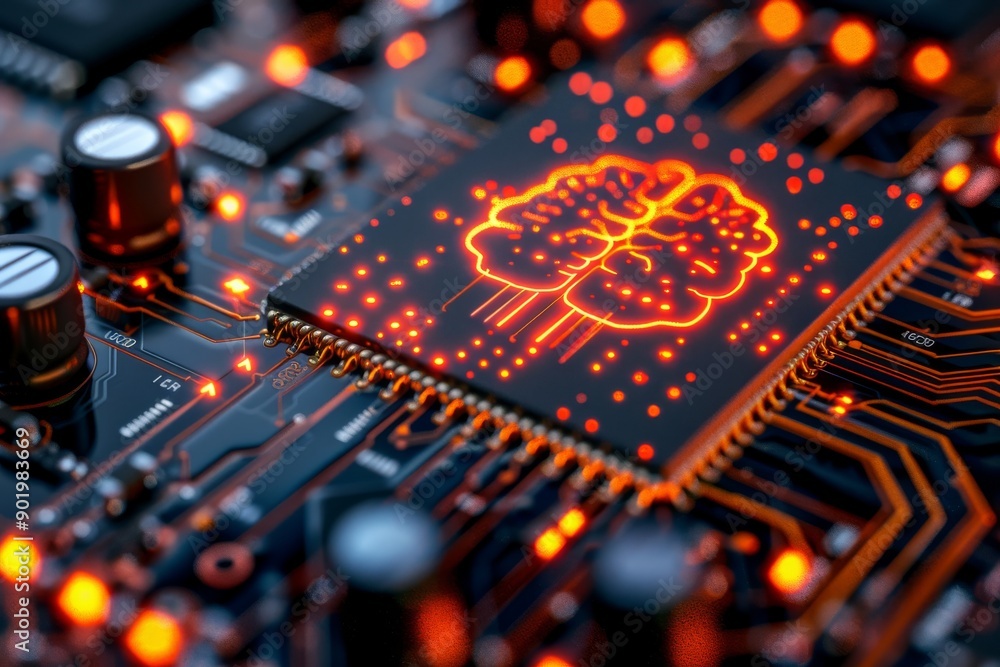 Poster orange circuitry brain on a microchip representing advanced technology and neural networks