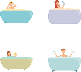 Illustration of four individuals in bathtubs with bubbles, relaxing and performing different activities