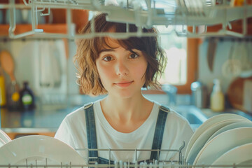 Young girl looking at clean plates in dishwasher in kitchen. View from inside dishwasher