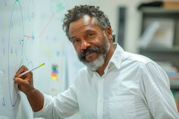 African american senior teacher or company manager in white shirt writing on white board in college or office auditorium, side view