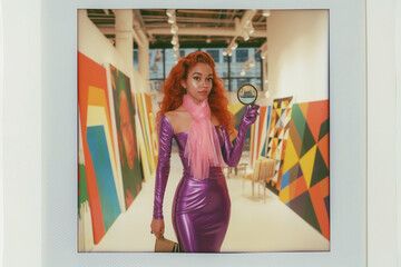 Femme fatale Daphne Blake in a latex and plastic ensemble, reminiscent of 70s polaroid pictures, solves art heists in a trendy SoHo gallery. 