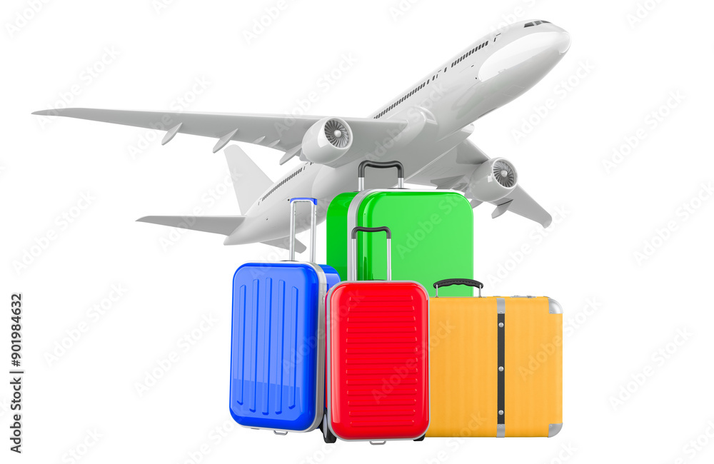 Poster airplane with baggage. fly travel concept. 3d rendering isolated on transparent background