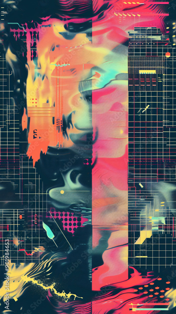 Poster vibrant and modern abstract seamless pattern, blending geometric shapes and a bold color palette