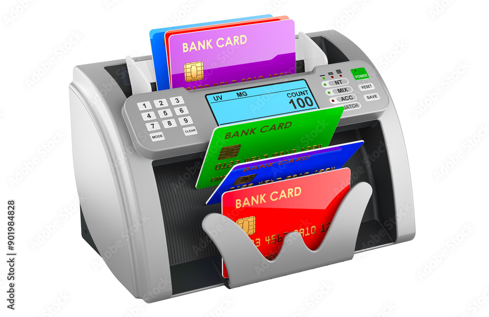 Poster currency counter with credit cards, 3d rendering isolated on transparent background