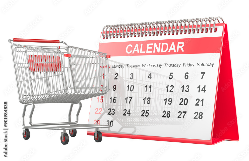 Poster desk calendar with shopping cart, 3d rendering isolated on transparent background