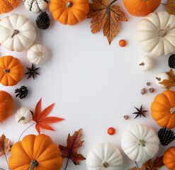 Autumnal Pumpkins and Leaves on White Background