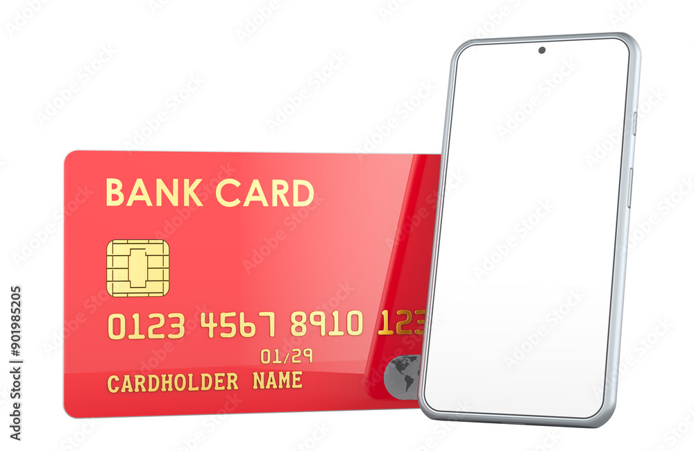 Poster smartphone with white screen and credit bank card. 3d rendering isolated on transparent background