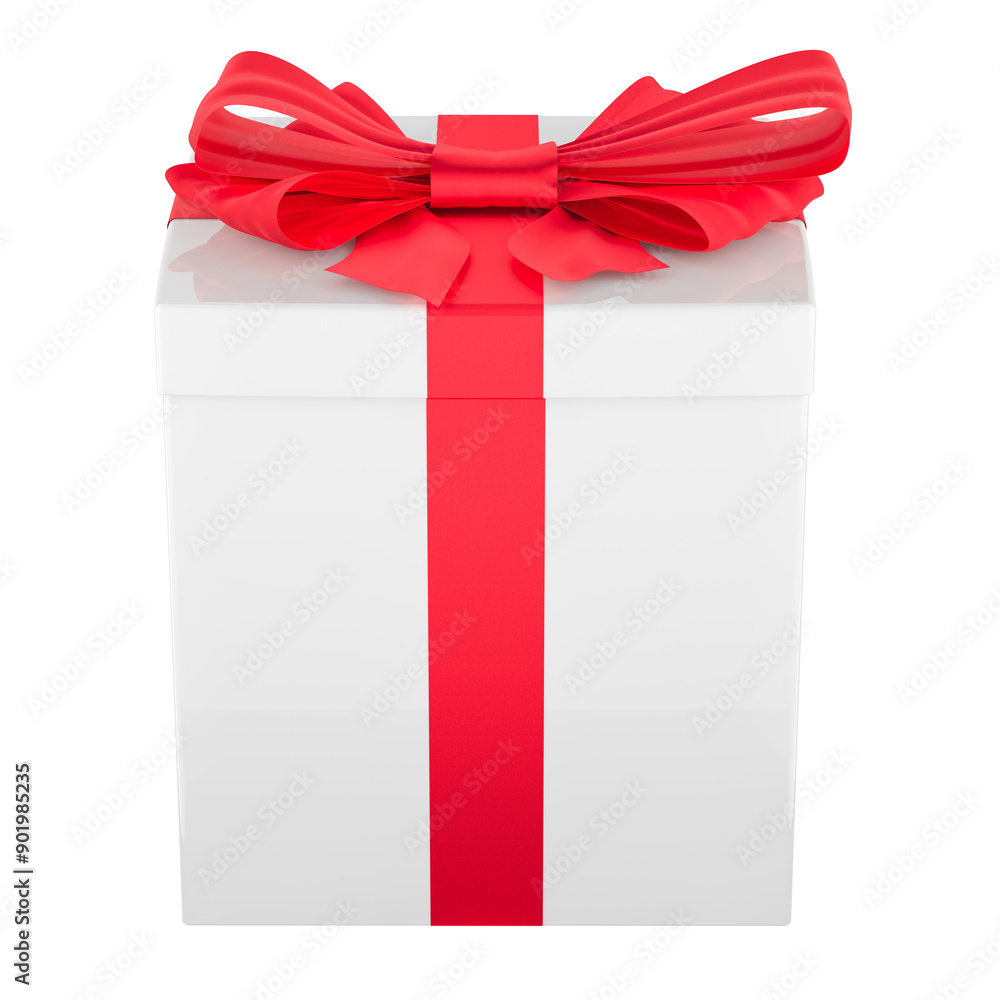 Poster white gift box with red ribbon and bow. side view, 3d rendering isolated on transparent background