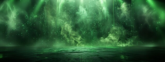 Green abstract futuristic background with lights and stars.