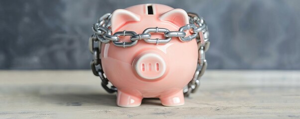 Heavy chain around a piggy bank, depicting financial debt constrai