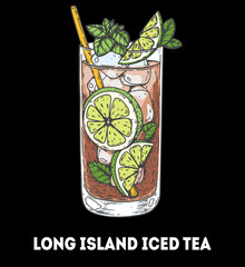 Long island iced tea cocktail illustration. Hand drawn sketch. Vector illustration. Isolated object.