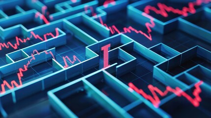 Individual lost in a maze made of stock market graphs, illustrating market confusion