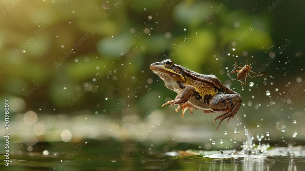 Poster macro shot of a frog jumping to catch an insect
