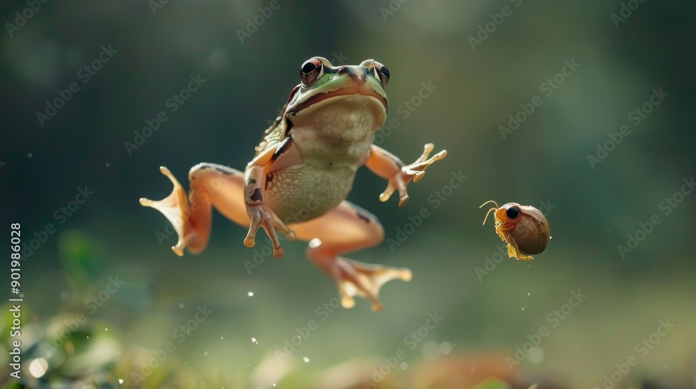 Poster macro shot of a frog jumping to catch an insect.