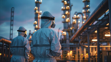 Fototapeta premium Two industrial workers in protective suits and masks oversee a brightly lit chemical plant at dusk.