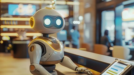 Fototapeta premium Future oriented robots aiding customers at the bank with interactive screens, offering explanations on financial products and showcasing the integration of technology in modern banking
