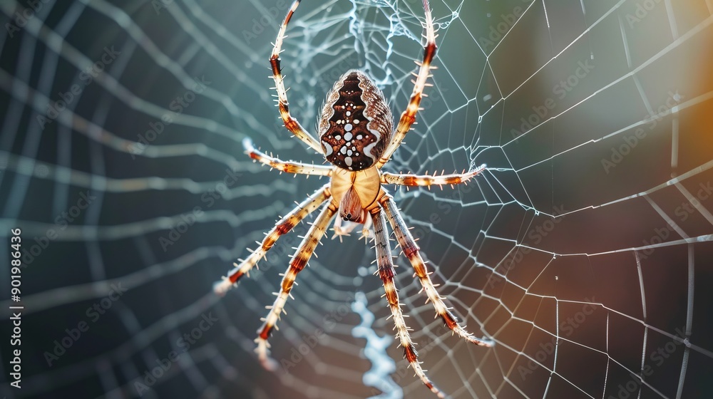 Poster macro shot of a spider weaving its web.