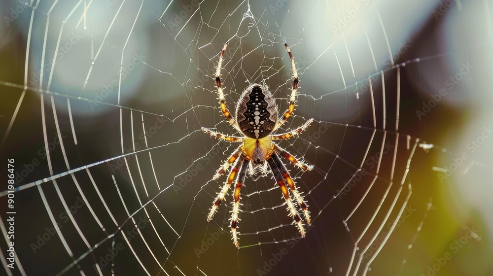 Poster macro shot of a spider weaving its web
