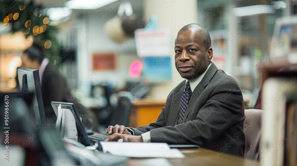 Poster a businessman in a suit works at his desk in an office, focusing on tasks with a computer and paperw