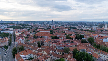 Aerial View of the Historic City of Kaunas Captured Under Cloudy Evening Sky