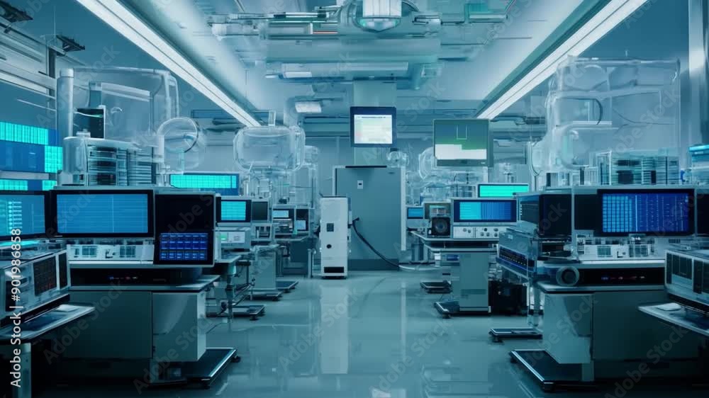Poster a sterile, modern computer lab filled with rows of identical computer stations featuring screens dis