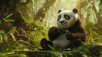 Obraz premium Wide shot of a panda eating bamboo.