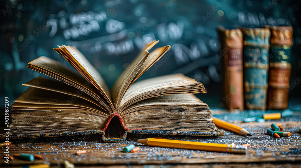 Poster a bookcase with an open book in front of a school chalkboard.