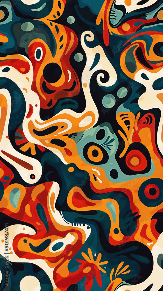 Poster eye-catching seamless pattern with a lively mix of natural forms, evoking a feeling of movement and 