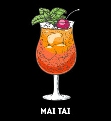 Mai Tai cocktail illustration. Hand drawn sketch. Vector illustration. Isolated object.