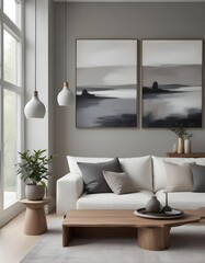 A modern living room with a big sofa and a painting..