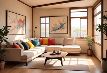 Fototapeta premium A modern living room with a big sofa and a painting..