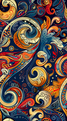 Colorful paisley seamless pattern on a dark blue background