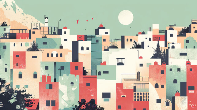 Risograph artistic riso print travel poster, card, wallpaper or banner illustration, modern, isolated, clear, simple of Nablus, Palestine. Screen printing, stencil