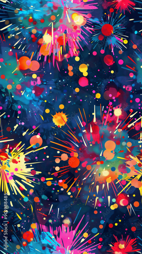 Aufkleber Vibrant abstract seamless pattern bursting with colorful splashes and starbursts against a dark backdrop