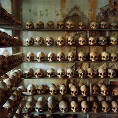 Display of Human Skulls in an Abandoned Location With Natural Light Streaming In