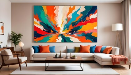 Modern living room with a big colorful painting hanging on the wall..